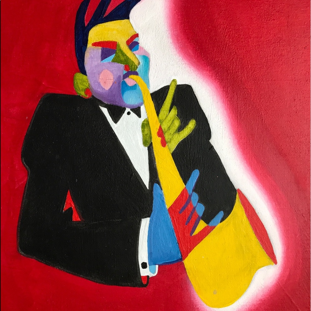 Crimson Sax, acrylic on wood